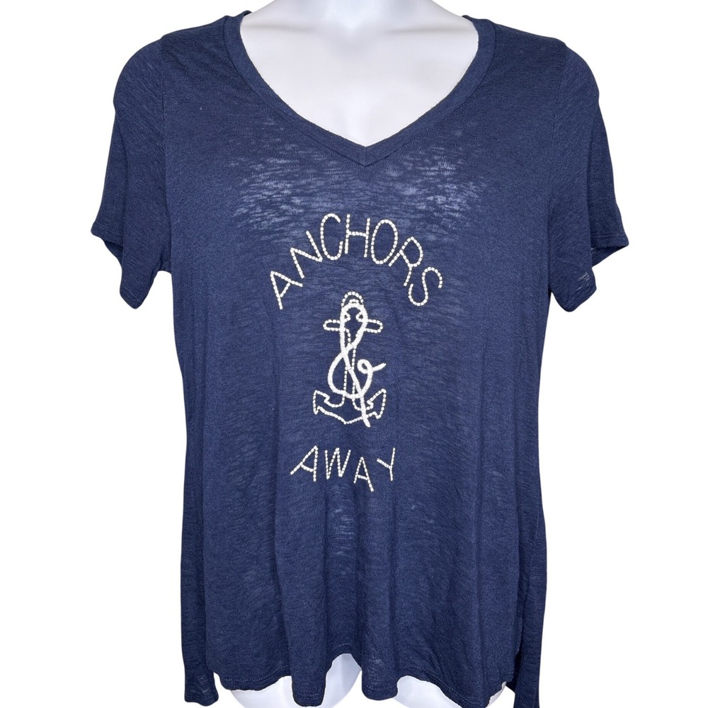 W5 Women Navy Blue Anchors Away Graphic V-Neck T-Shirt 1X Summer Cruise Nautical